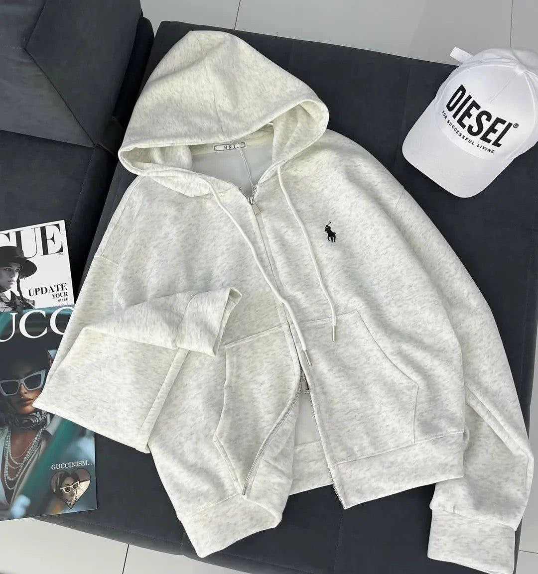 Oversize Polo Hoodie %100 Pamuk 3 İplik Grey