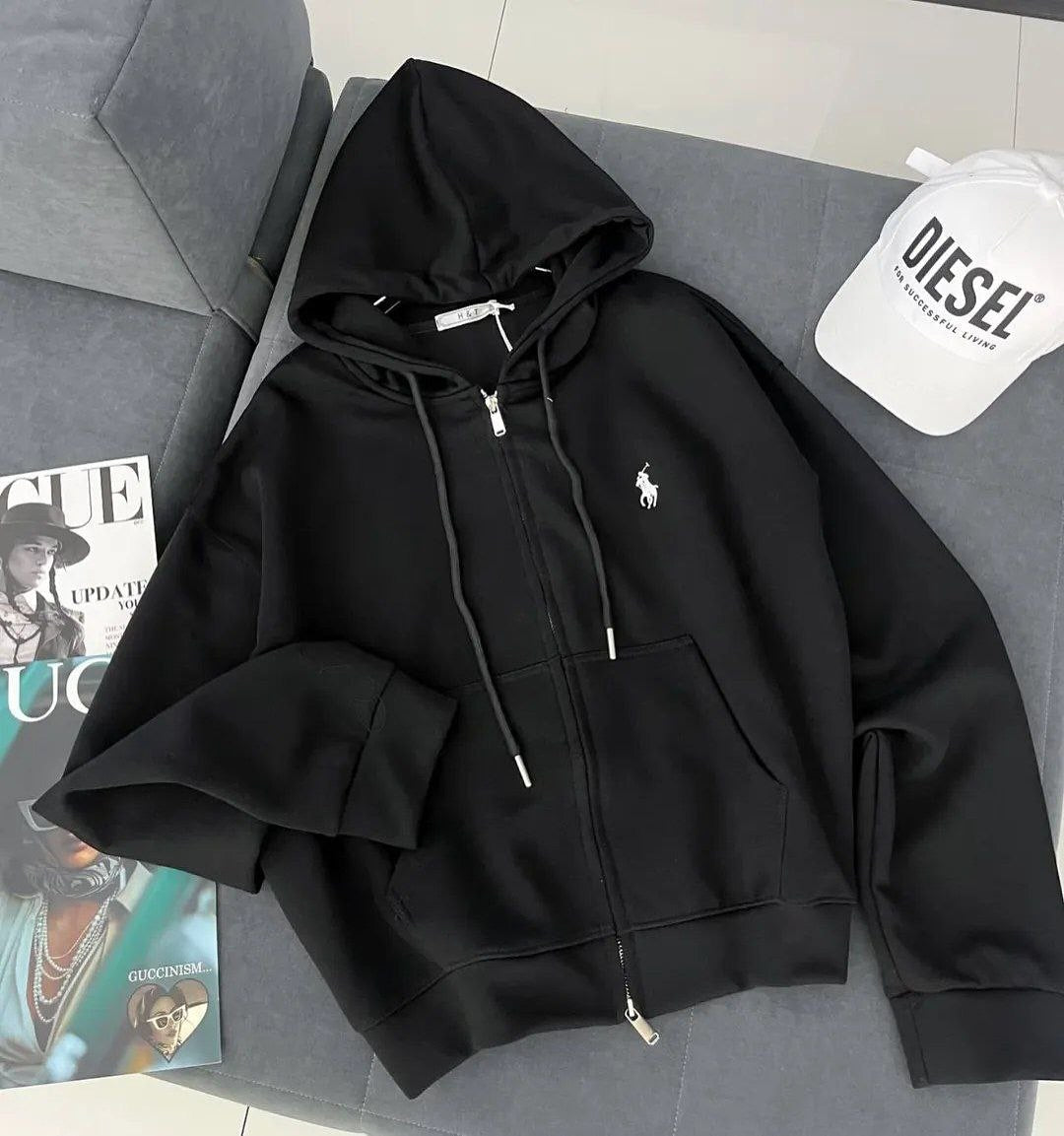 Oversize Polo Hoodie %100 Pamuk 3 İplik Siyah