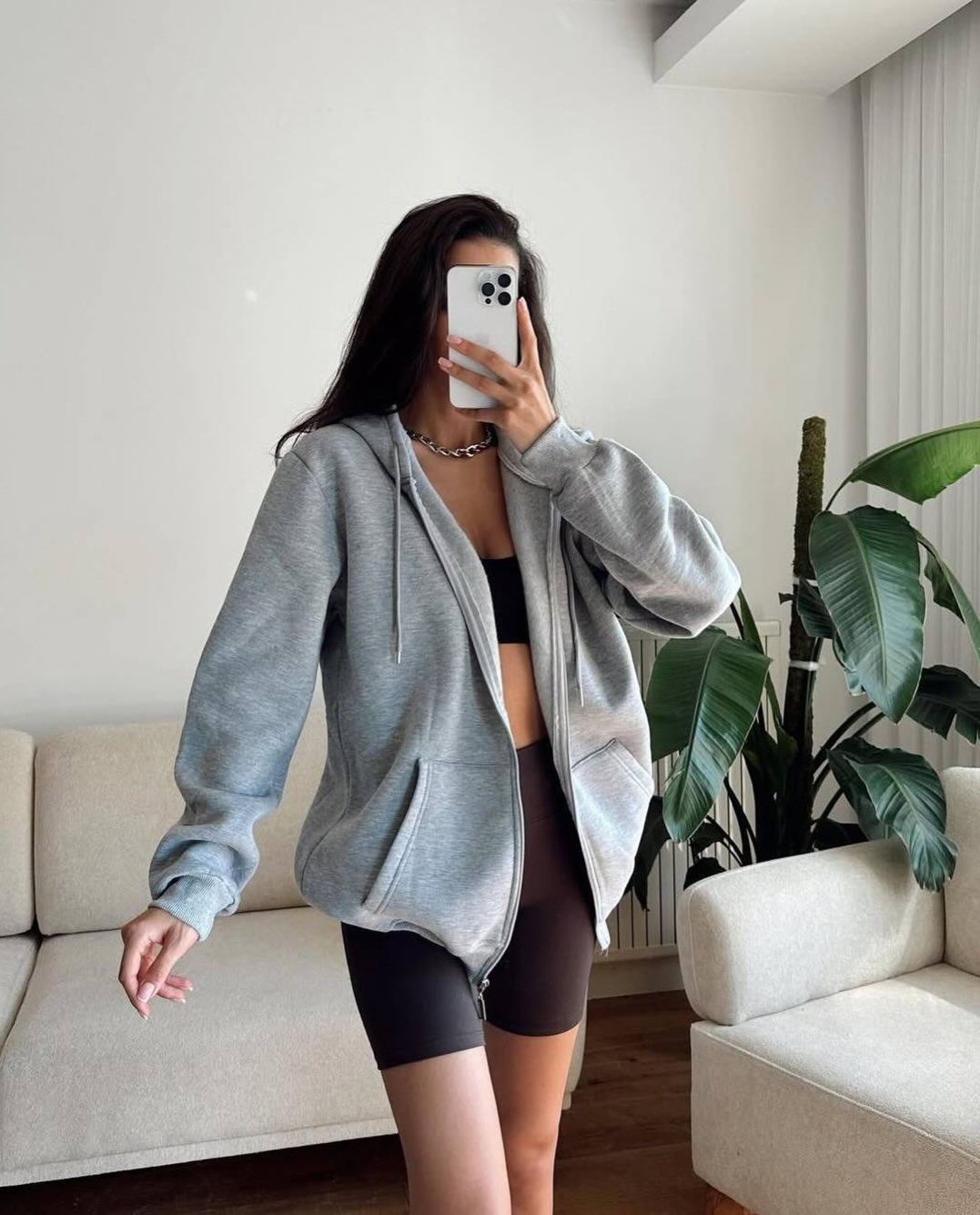 Oversize Fermuarlı Hırka %100 Pamuk 3 İplik Kumaş