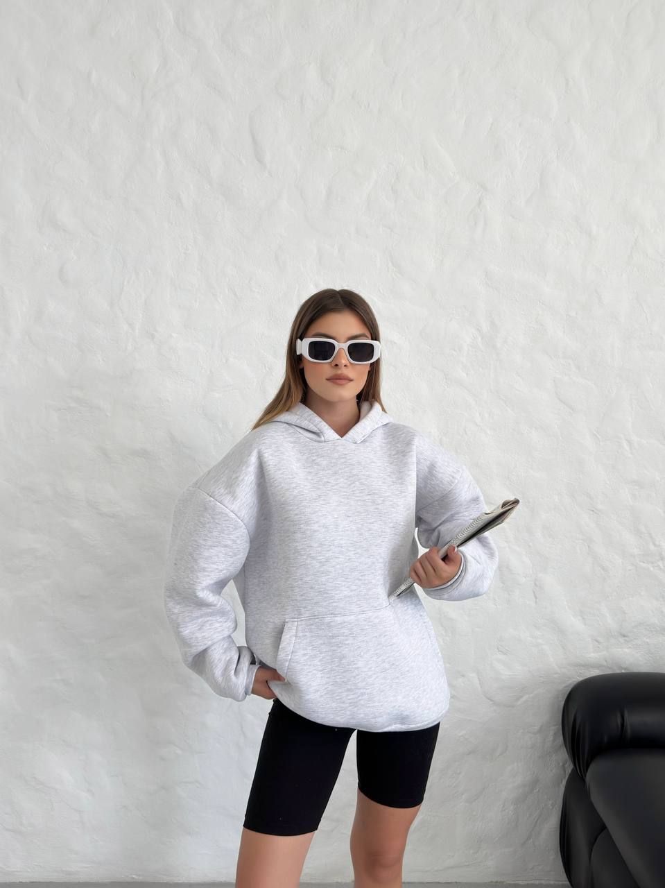 BinbirModa™ Kadın Gri Oversize Kapüşonlu Sweatshirt - Düşük Omuz Rahat Kesim Hoodie