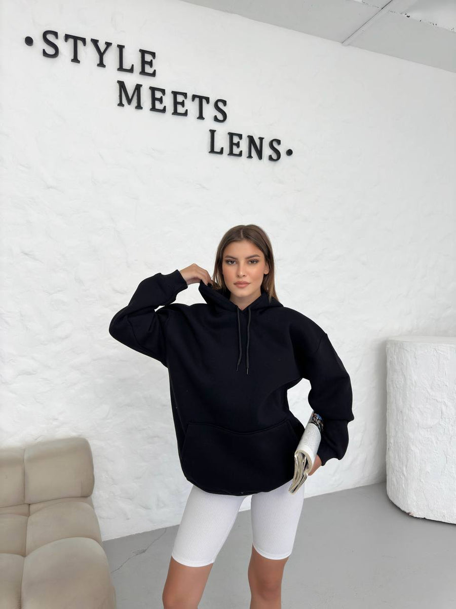 BinbirModa™ Kadın Siyah Oversize Kapüşonlu Sweatshirt - Düşük Omuz Premium Hoodie