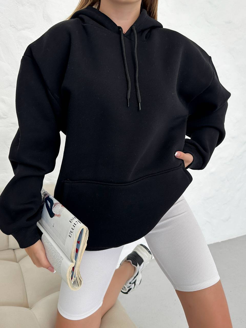 BinbirModa™ Kadın Siyah Oversize Kapüşonlu Sweatshirt - Düşük Omuz Premium Hoodie