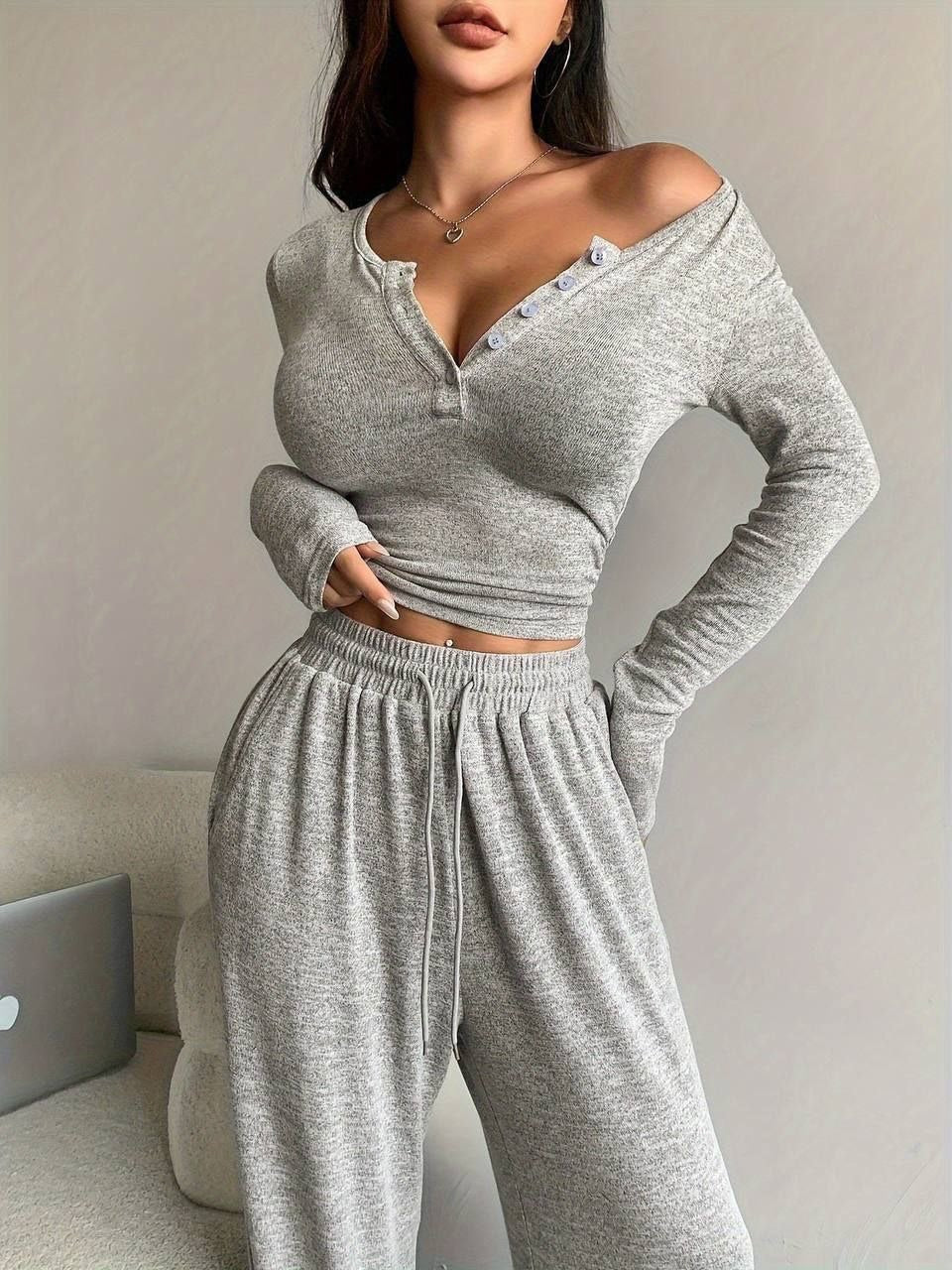 Düğme Detaylı Kayık Yaka Fitilli Crop & Takım Gri