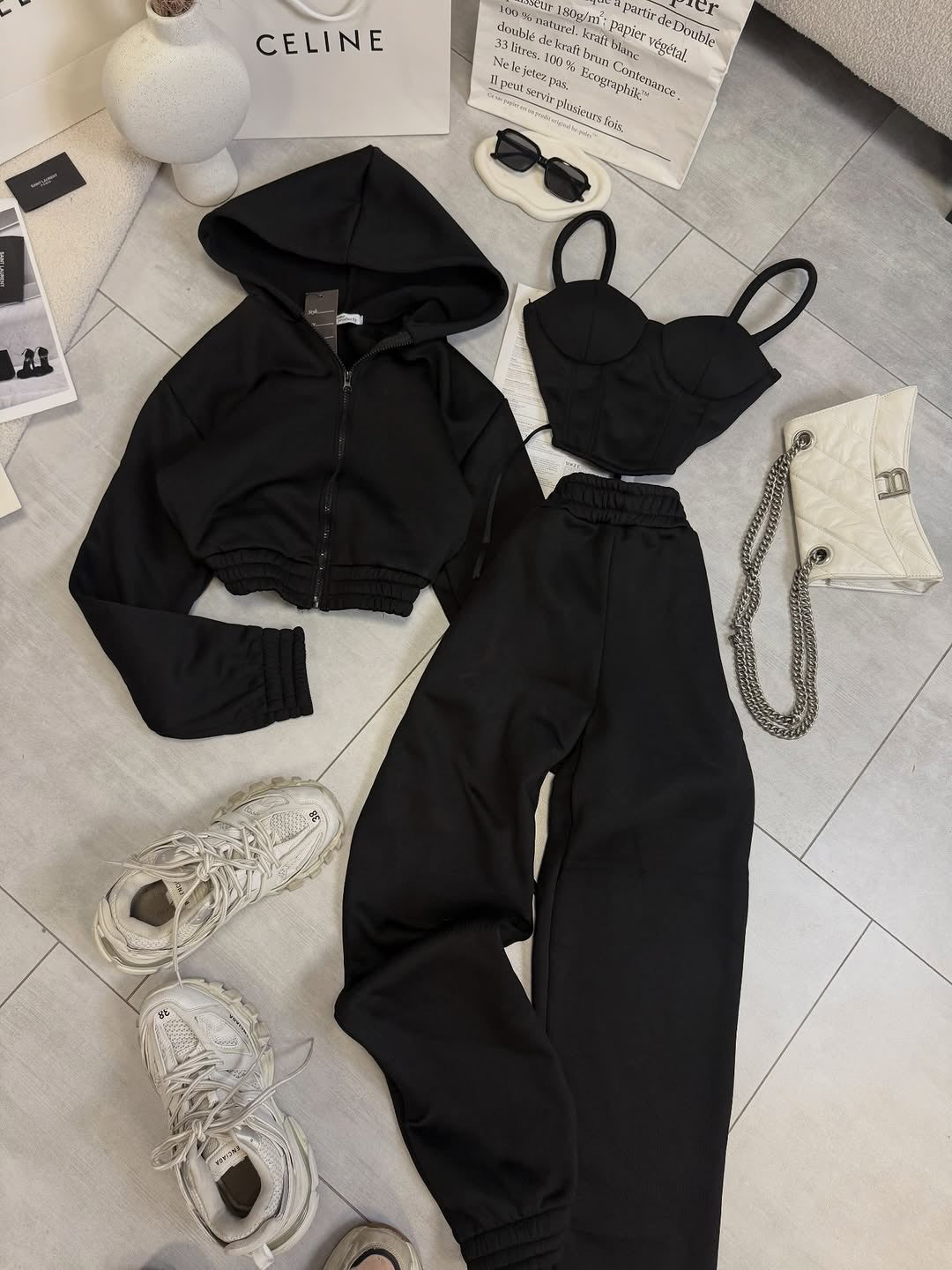 Oversize 3'lü Set Siyah Takım