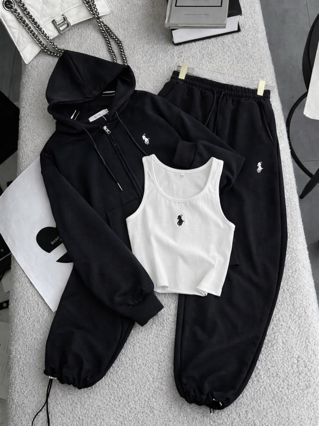 Polo 3'lü Set Takım Siyah Mevsimlik Yazlık Kumaş Yeni Sezon