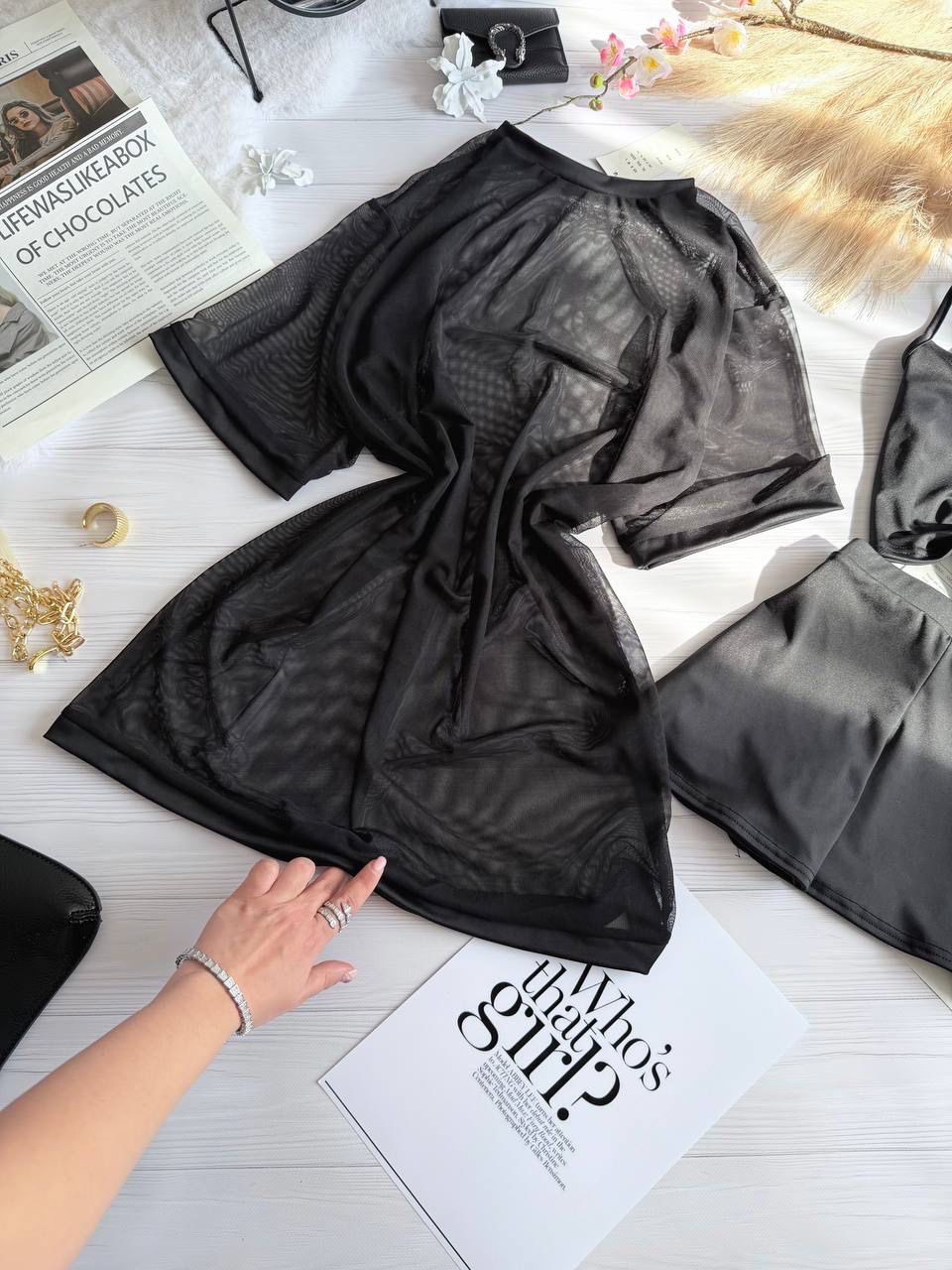 3'LÜ SET YAZLIK YENİ TÜL ÜST + CROP + ŞORT