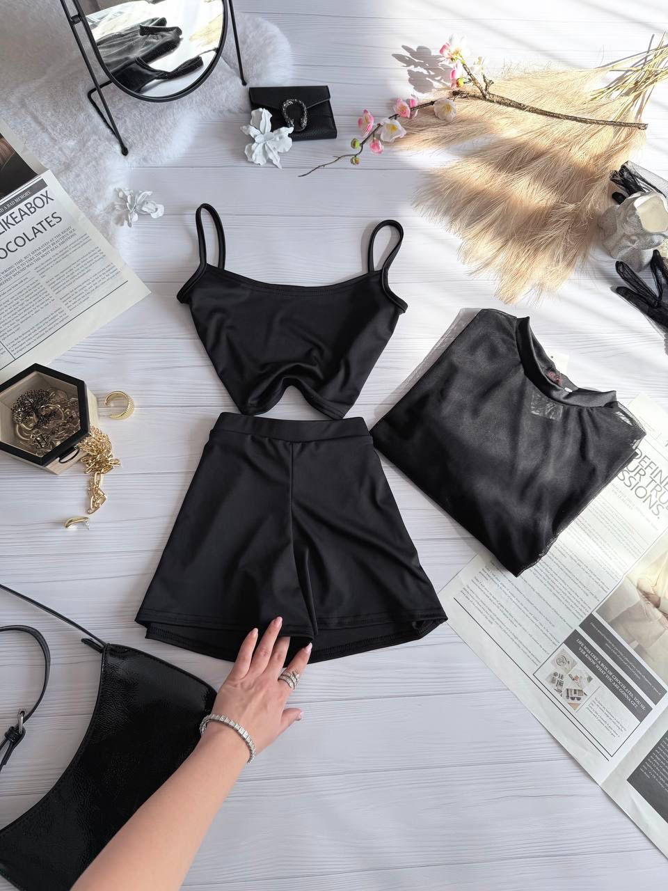 3'LÜ SET YAZLIK YENİ TÜL ÜST + CROP + ŞORT